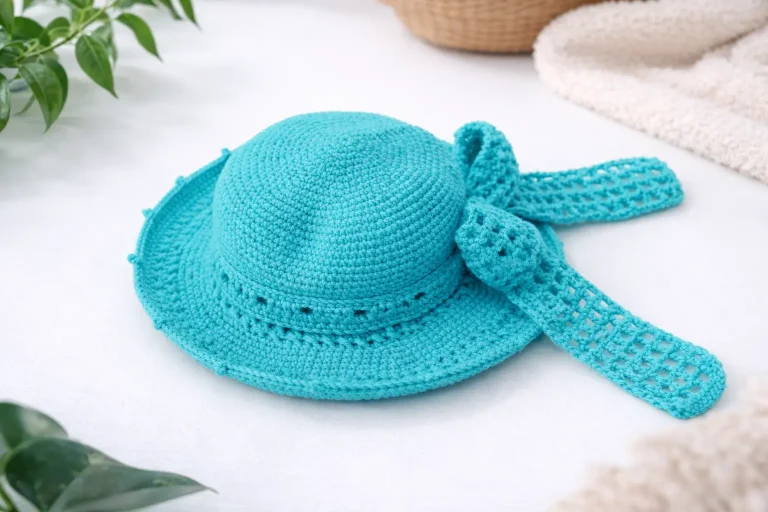 Handmade crocheted hat created by visually impaired learners