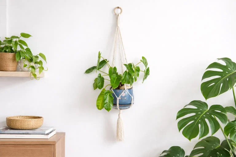 Handmade macramé plant hanger created by visually impaired learners