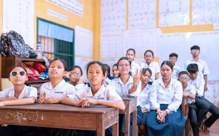 Students with visual impairments in an inclusive classroom at SRSE in Siem Reap